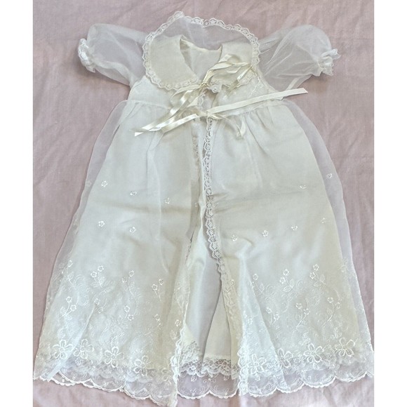 Vtg Phyllis Baby Wear Christening Dress Set White Embroidery Floral Gown Bonnet - Picture 5 of 16